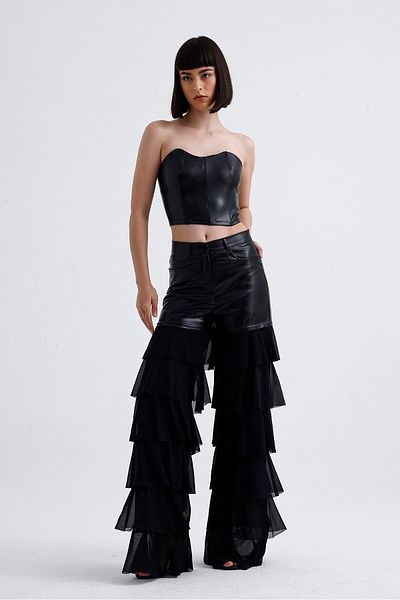 Sense Pantaloni din piele artificială cu volane din tul |   PNT35953 Negru