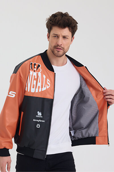 Black Level Erkek Oversize Deri Garnili Baskılı Motorcu Montu Kolej Ceketi Bomber Günlük Mont