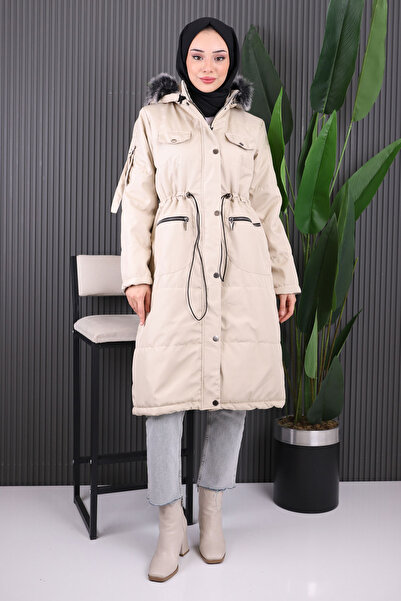 İmajButik Beige Hooded Pocket Coat