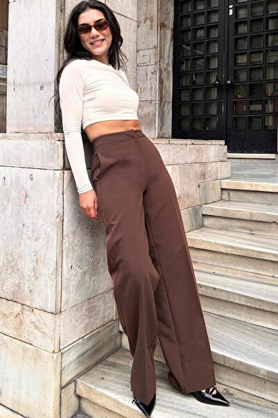 Madmext Brown High Waist Fabric Pants Mg2284