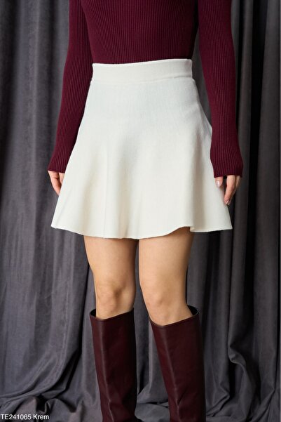 Lupies Kadın Krem Kabarık Mini Triko Etek