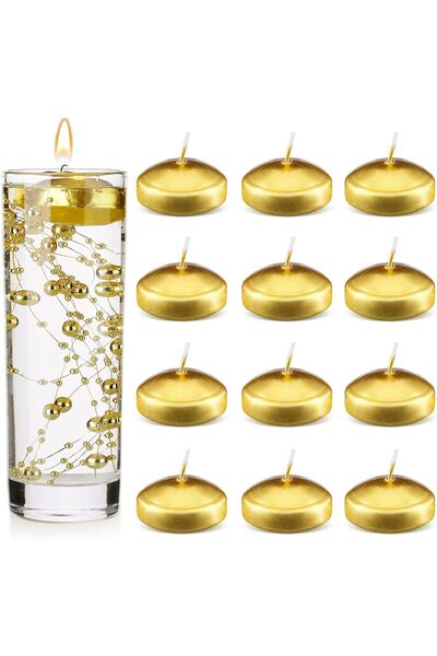 Home Zone 12 Pieces 1.65 Inch Small Unscented Metallic Floating Candles (Gold)