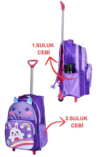 Alfa MEC Geantă pentru școală primară + cutie de prânz cu imprimeu de iepure violet cu racletă și spate ortopedic