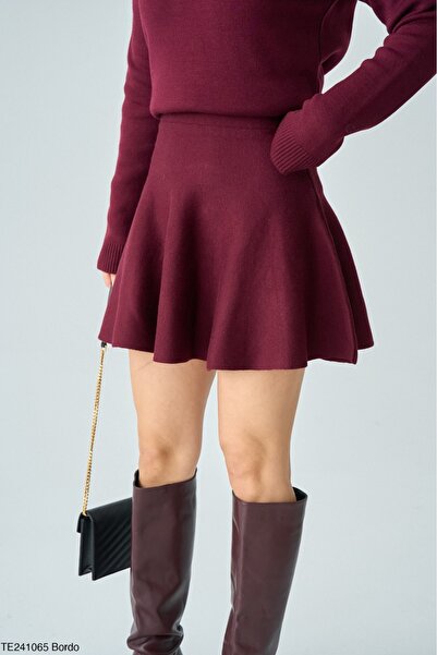 Lupies Kadın Bordo Kabarık Mini Triko Etek