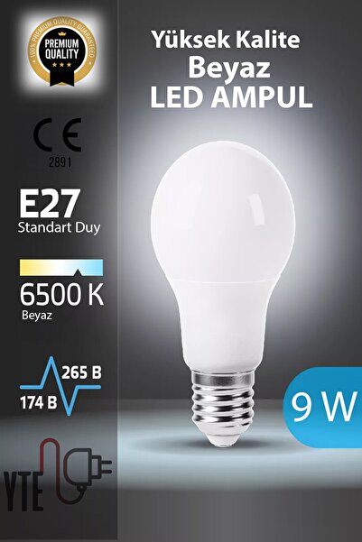YTE 6500 K E 27 Beyaz Led Ampul 9 W Yüksek Kalite Göz Yormayan Ampul 20 Adet