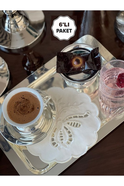 QBR Home 6'lı Set Delik Işi Nakış Işlemeli Kokteyl Sunum Peçetesi. Ekru. Kelebek Model (6 Adet )