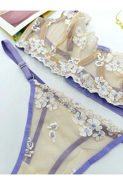 La Linaa Set sutien chiloți tanga cu model de flori liliackaa