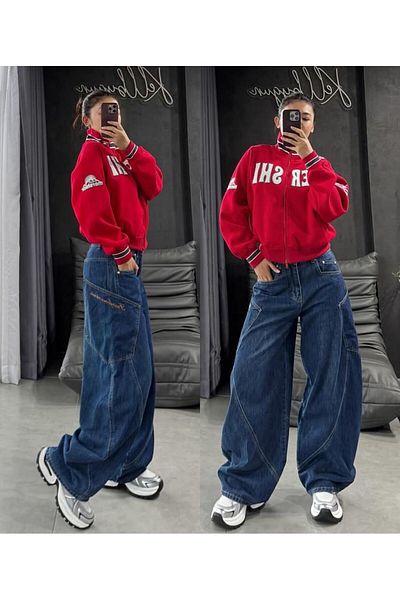 Gofeel Μπλε χαλαρή λεπτομέρεια τσέπης φαρδιά Unisex Jean