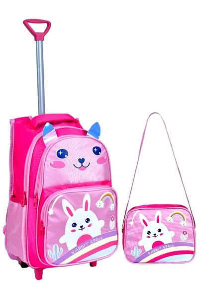 Alfa MEC Imprimat iepure roz cu racletă, spate ortopedic, ghiozdan pentru școală primară + cutie de prânz