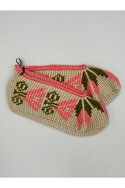 Şatilli Handmade Patik Tunus işi patik el örgüsü patik bej pembe çiçekli el emeği patik  Çorap 36-37