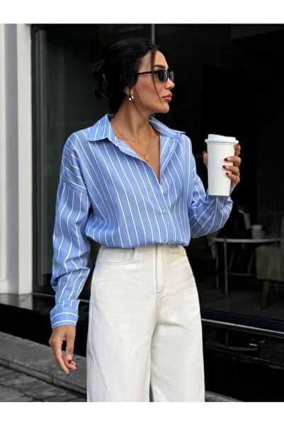 Muzzem Dámská pruhovaná modrá popelínová košile oversize