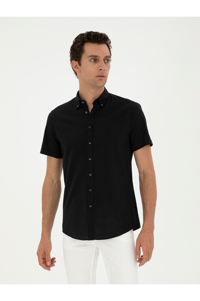 Cacharel Black Slim Fit Linen Blended Short Sleeve Shirt 50288558-Vr046