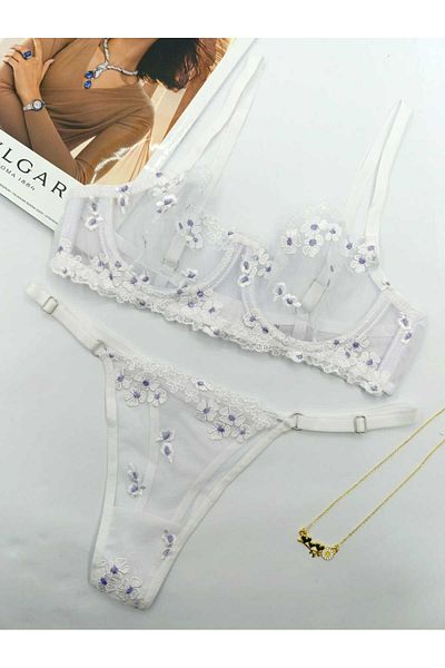 La Linaa Romaşkaa White Floral Patterned Thong Panty Bra Set
