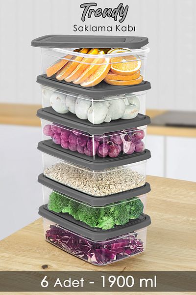 Meleni Home 6 Pieces Gray Food Storage Container - 1900ml, Microwavable Organizer Organizer