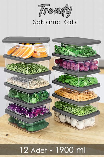 Meleni Home 12 Pcs Rectangular Food Storage Organizer Suitable for 1900ml Gray Microwave