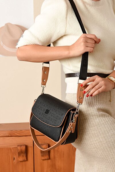 Just Polo Yeni Sezon Kolon Askılı 4 Bölmeli Siyah Taba Kadın Omuz Çantası 21x16cm PBU2174