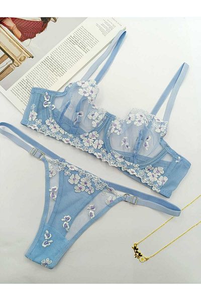 La Linaa Set de sutien chiloți cu model de flori albastre Romașkaa