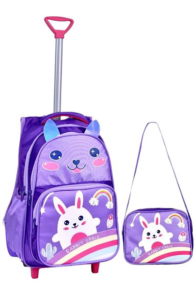 Alfa MEC Geantă pentru școală primară + cutie de prânz cu imprimeu de iepure violet cu racletă și spate ortopedic