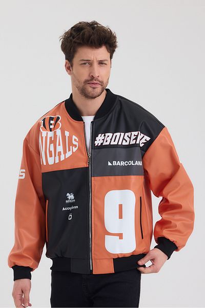 Black Level Men's Oversize Leather Garnished Printed Biker Coat College Jacket Bomber Casual Coat