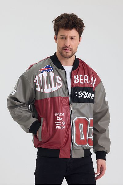 Black Level Men's Oversize Leather Garnished Printed Biker Coat College Jacket Bomber Casual Coat
