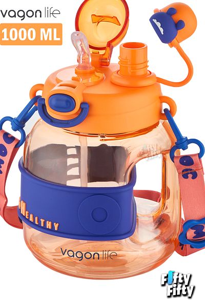 Vagonlife 1000 ML Children's Water Bottle with Neck Strap and Straw - Single Lid, Dual Use - FFVGN627