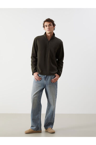 LC Waikiki Khaki Stand Collar Long Sleeve Fleece Men's Thick Sweatshirt