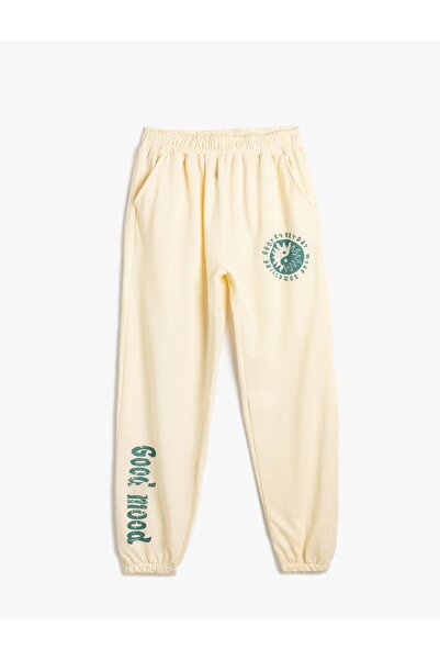 Koton Kız Çocuk Jogger Eşofman Altı Beli Bağlamalı Cepli Baskılı Şardonlu Pamuklu