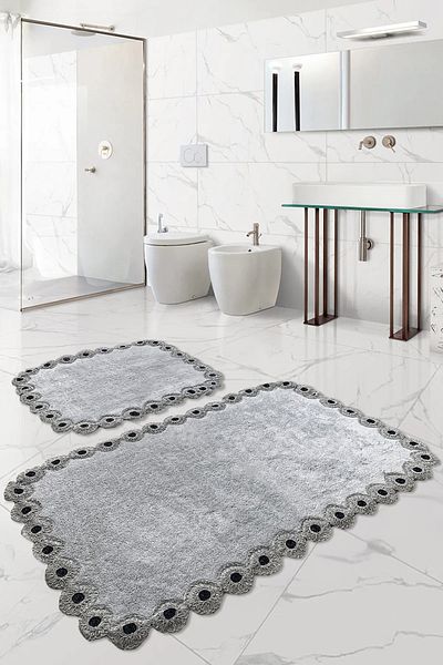 Bonny Home Gülruba Angular Grey Dowry Lace Σετ 2 χαλάκια μπάνιου Αντιολισθητική βάση Σετ καθίσματος τουαλέτας