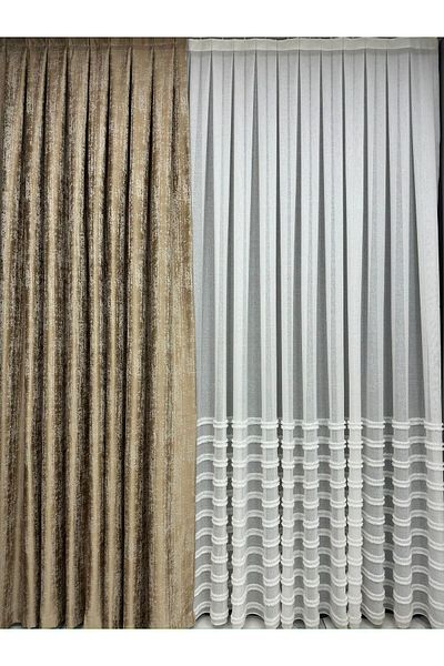 Taç Luxury Jacquard Fine Line Detailed Background Curtain Gold Backdrop