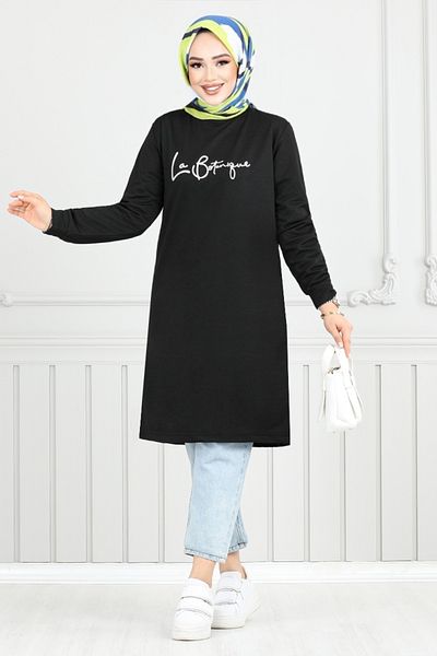 ModaMerve Ασημί γράμματα Hijab Tunic - 798OZR1047-M Μαύρο