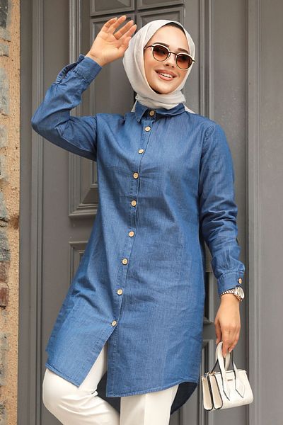 Neva Style Navy Blue Buttoned Hijab Denim Tunic - 11692L
