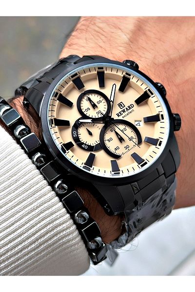Reward Black Color Steel Band Business Case Cord Steel Men's Wrist Watch+Bracelet