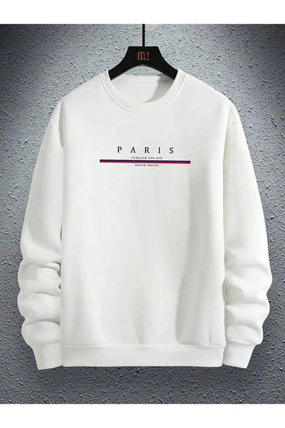 NO 601 Hanorac alb pentru bărbați, cu imprimeu Paris, cu gât crew