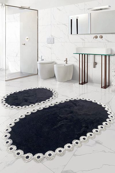 Bonny Home Set de covorașe de baie din 2 piese Gülruba negru - Set de toaletă cu dantelă din zestre și bază anti-alunecare