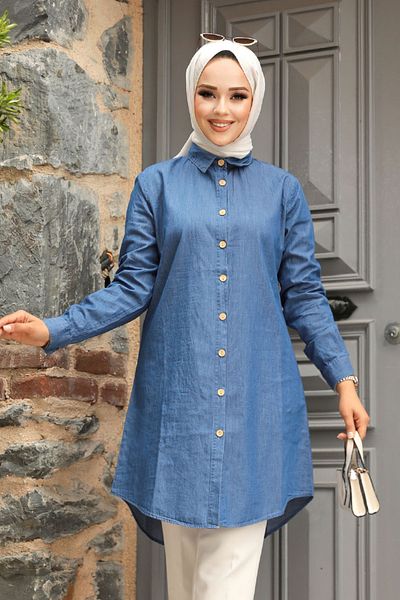 Neva Style Navy Blue Buttoned Hijab Denim Tunic - 11692L