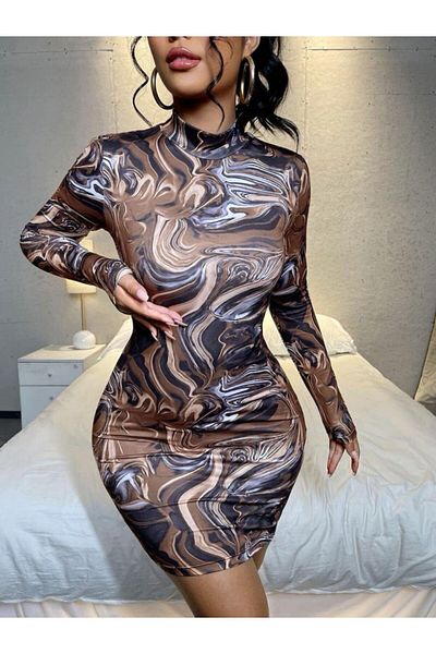 MODAVERA    Women's Long Sleeve Turtleneck Patterned Diving Dress
