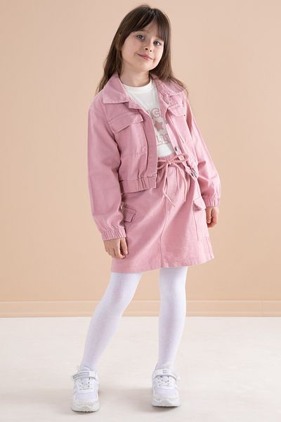 Cansın Mini Pink Girls' 3-Piece Suit with Jean Jacket and Skirt - Chest Pocket 20184