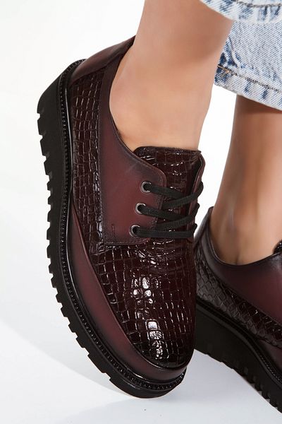 İLOLİCA Inside Out Genuine Leather Crocodile Burgundy Orthopedic Sole Lace up Women's Shoes