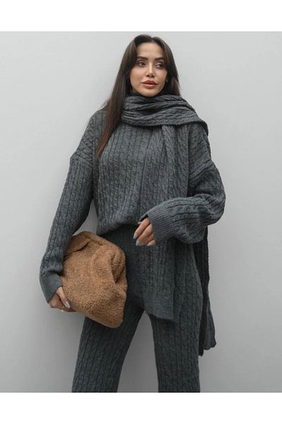 Bak'ap Premium Hair Braided Scarf Sweater Trousers 3-Piece Knitwear Set