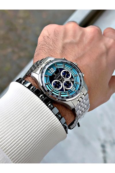 Reward Silver Color Steel Case Cord Business Men's Wrist Watch+Bracelet