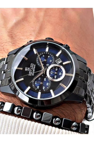 Reward Black Color Case Cord Steel Business Men's Wrist Watch+Bracelet
