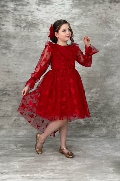 ABİYEKİDS Long Sleeve Red Children's Evening Dress with Butterfly Print Train Waiter Boy 10/13 Years Old Aby825