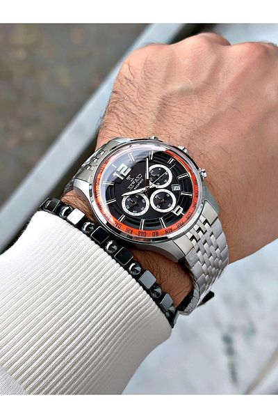 Reward Silver Color Steel Case Cord Business Men's Wrist Watch+Bracelet