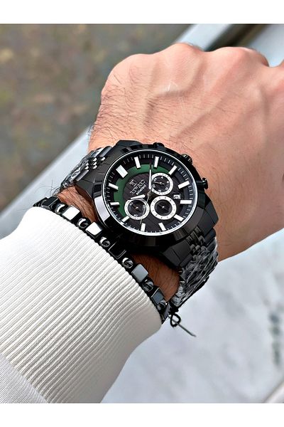 Reward Black Color Case Cord Steel Business Sport Men's Wrist Watch+Bracelet