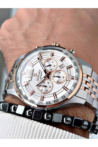 Reward Silver Color Steel Case Cord Business Men's Wrist Watch+Bracelet