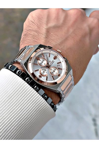 Reward Rose Gold Silver Color Steel Case Cord Business Series Men's Wrist Watch+Bracelet