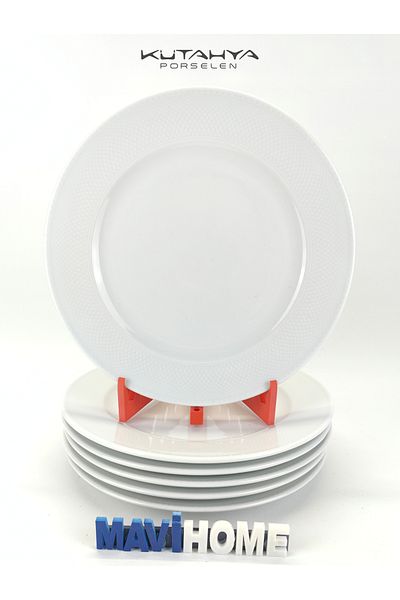 Kütahya Porselen Set of 6 White Serving Plates - Thick Porcelain, 25 cm