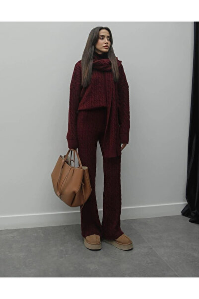 Bak'ap Premium Hair Braided Scarf Sweater Trousers 3-Piece Knitwear Set