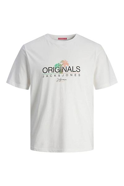 Jack & Jones Ανδρικό λευκό μπλουζάκι Jack&Jones - O-λαιμόκοψη, άνετη εφαρμογή, εμπριμέ, κοντό μανίκι12255238
