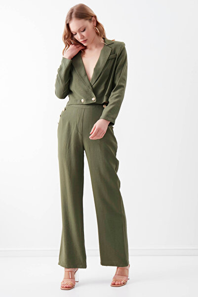 Vitrin High Waist Gold Buttoned Wide Leg Trousers